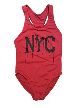 Random Hearts Red NYC Graffiti one piece girls swim suit size 7 in EUC.
